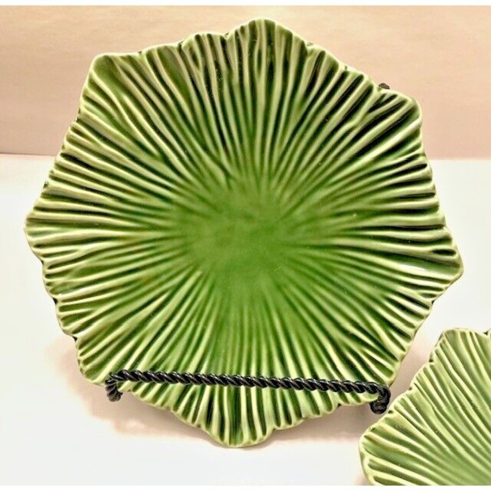 Deartis Portugal Pottery Green Lettuce Leaf 2PC Plate Dish VTG Set 8" Cottage